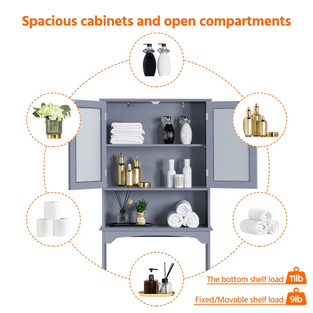 FullFurnique Freestanding Over-the-Toilet Storage Cabinet with 2 Tempered Glass Doors and 1 Open Shelf, Gray