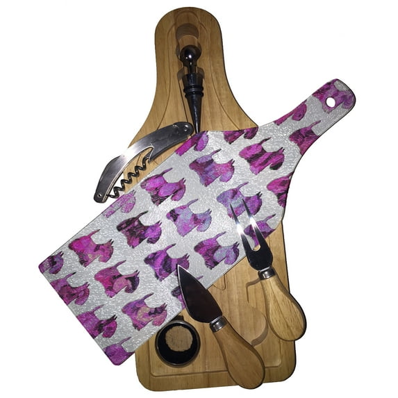 KuzmarK Wine & Cheese Glass Cutting Board Wood Box Gift Set - Scottish Terrier Pink