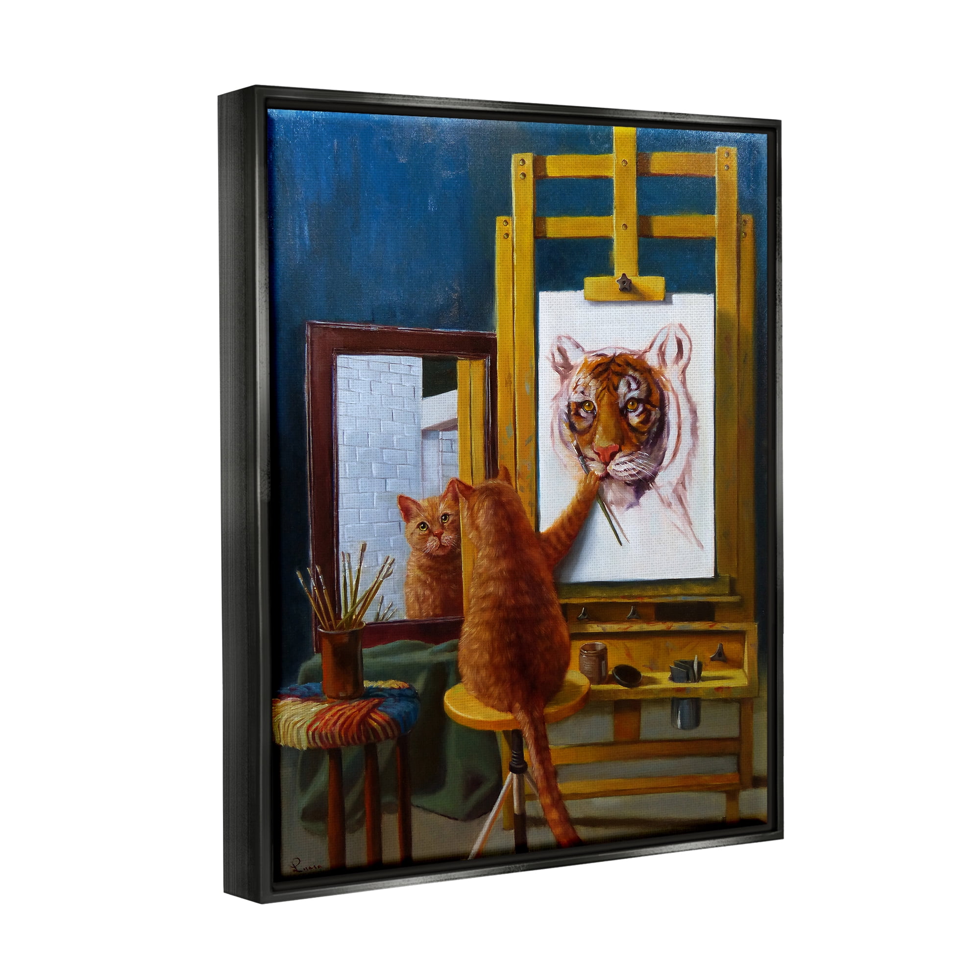 Stupell Industries Cat Confidence Self Portrait as a Tiger Funny Painting Jet Black Framed Floating Canvas Wall Art, 24x30, by Lucia Heffernan