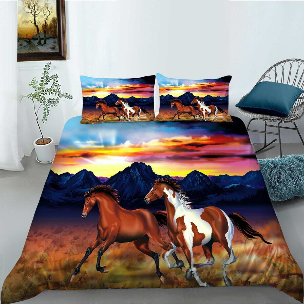 Bedding Cover Set 3D Horse Printed Quilt Cover Set Pillowcase Fashion Duvet Cover  Set Home Textiles,California King (98