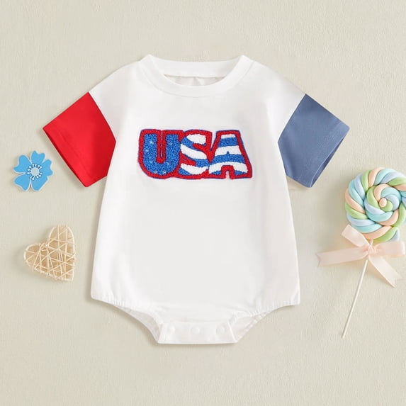 Faraee 4th of July Baby Boy Girl Outfit Toddler Embroidery Bubble Romper Short Sleeve Onesie Newborn Independence Day Clothes (6-12 M,White)