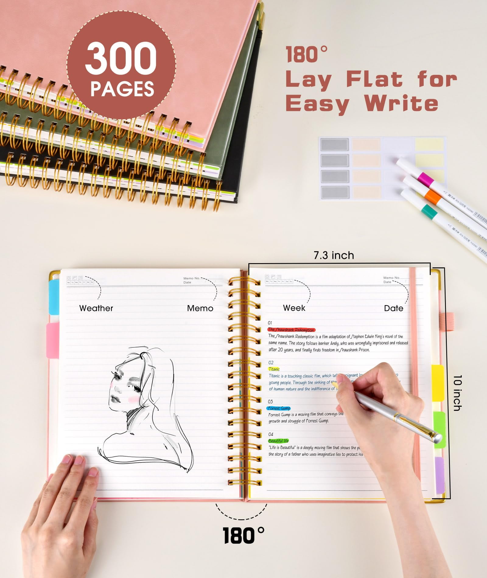 Notebook Journal with Removable Dividers Tabs, 300 Pages Leather 5 Subject Notebook College Ruled, 8"x10" Large B5 Notebooks for Work School Note taking, Lined Journal for Women