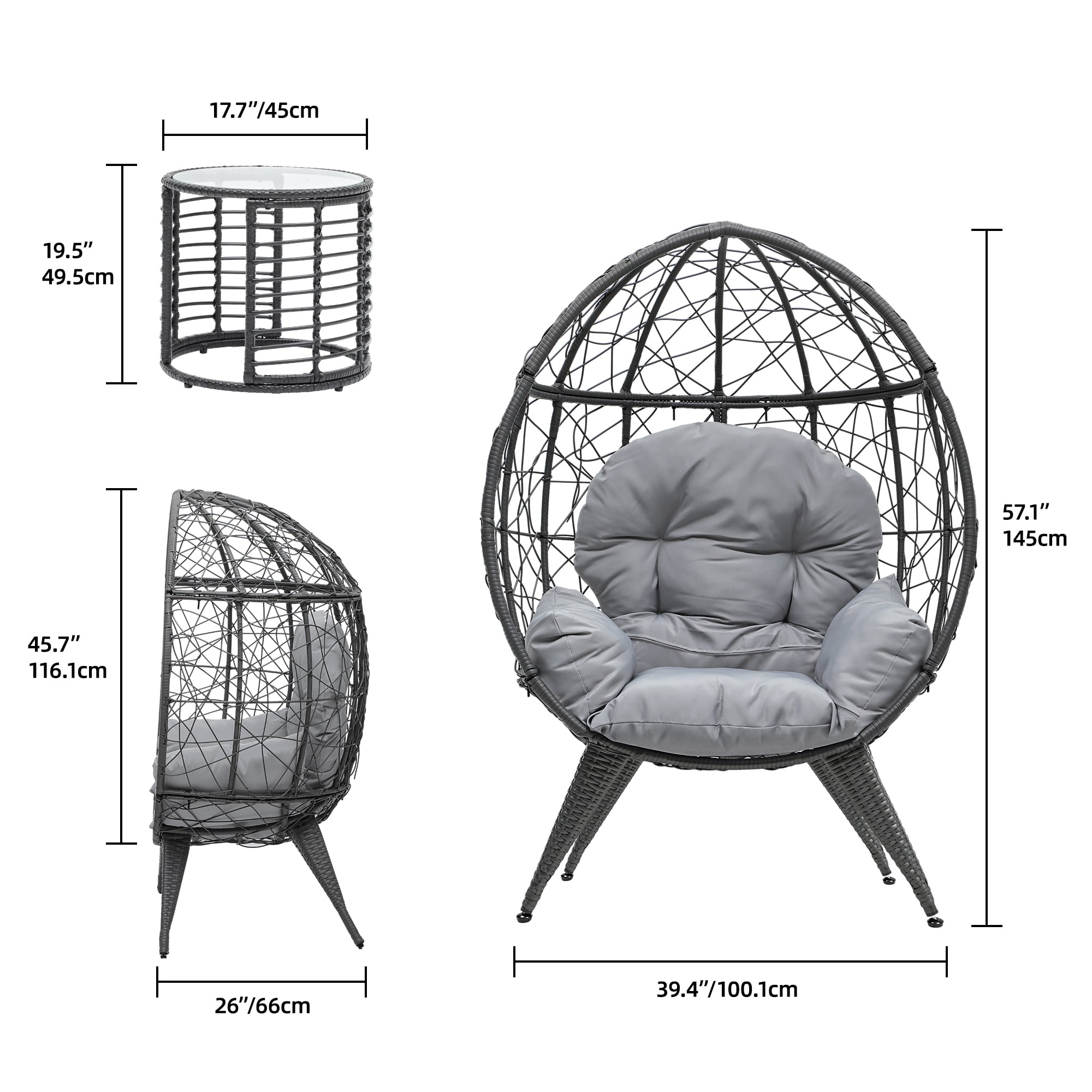 Uforic Outdoor Rattan Egg Chair with Table, Cushioned for Patio, Garden, Backyard, Porch, Gray
