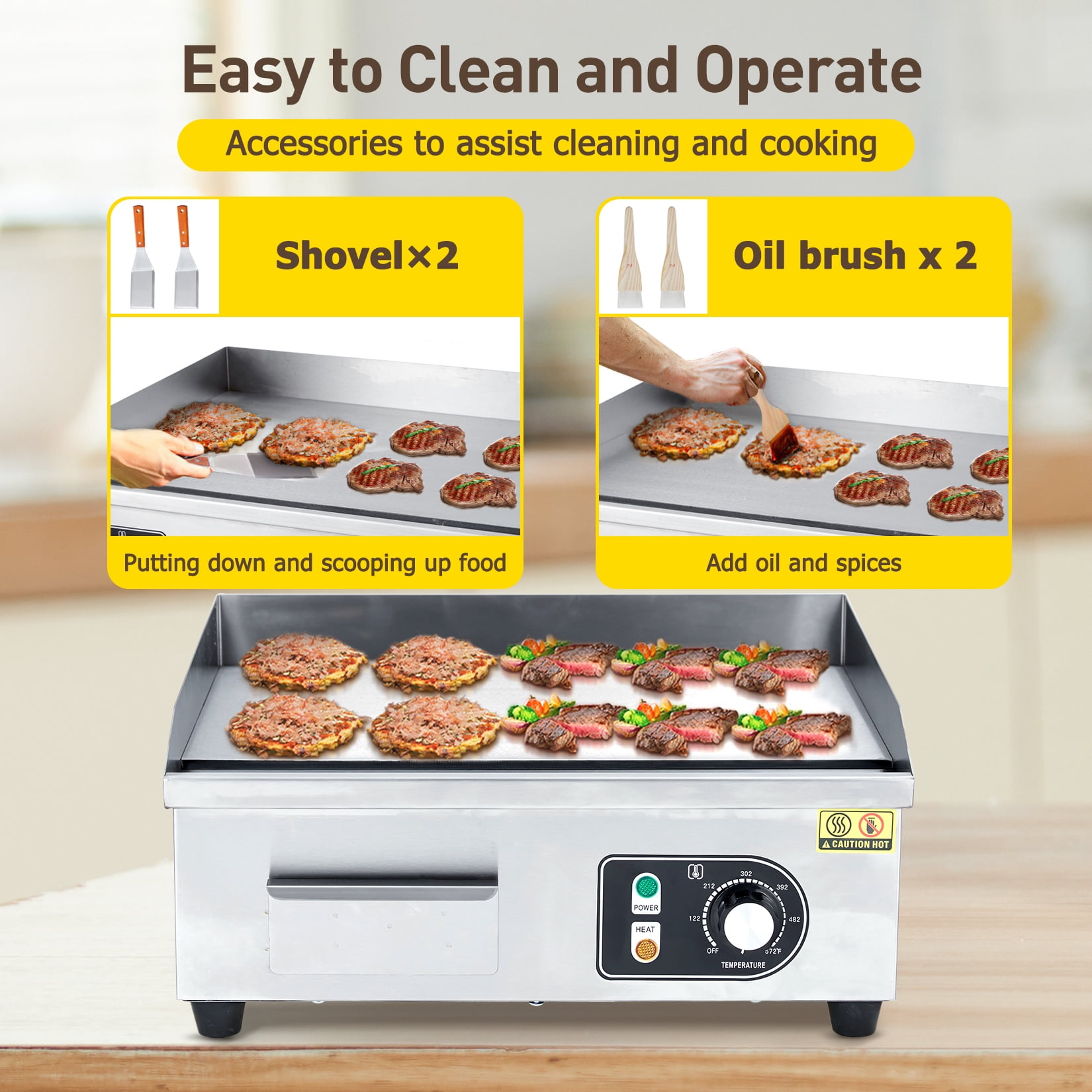 Amkui 28.7" Electric Griddle, 3000W Commercial Electric Countertop Griddle Flat Top Grill Hot Plate BBQ, Restaurant Teppanyaki Grill for Kitchen Non-Stick Stainless Steel 2 Brushes+2 Spatulas