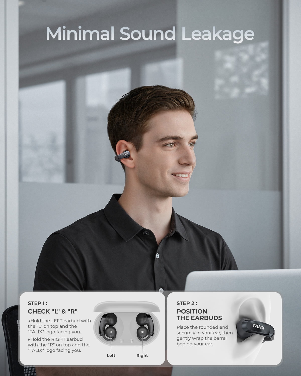 Ultra Open-Ear Earbuds,5.2g Clip-On Headphones,Clear Calls with 4 Mics,Stable Fit for Comfort,13.4mm Drivers for Powerful Bass,Open-Ring Design,Black
