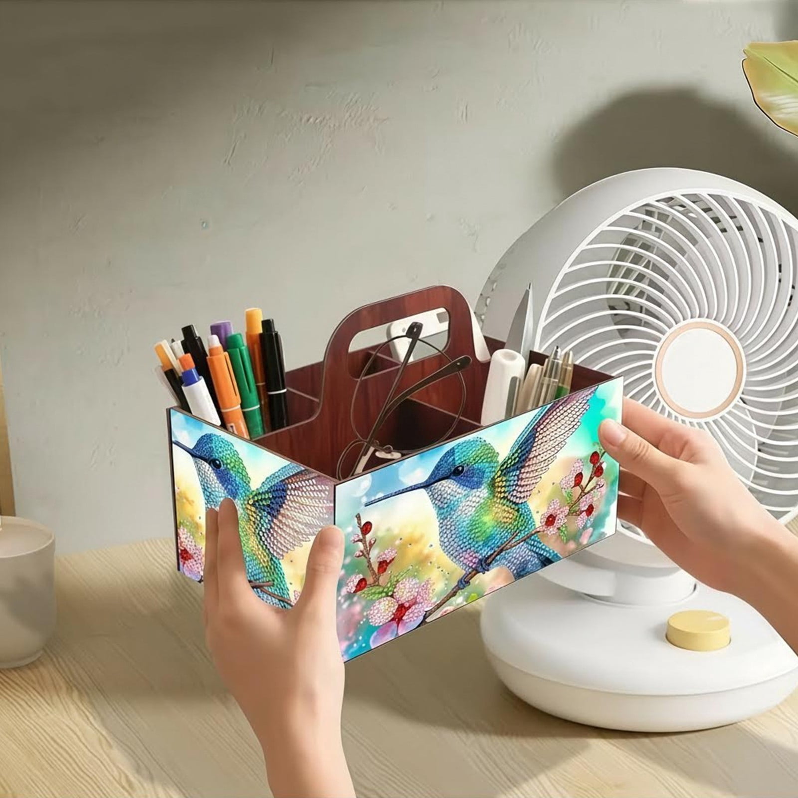 FLOPESN DIY Hummingbird Diamond Art Painting 5 compartments Wooden Storage Box, 9.44*8.14in, Practical Rectangular Assembly Portable Multi-Grid Box