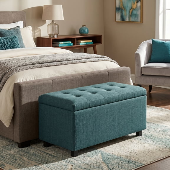 Cosmopolitan 34" Wd. Contemporary Storage Ottoman in Teal Polyester Fabric