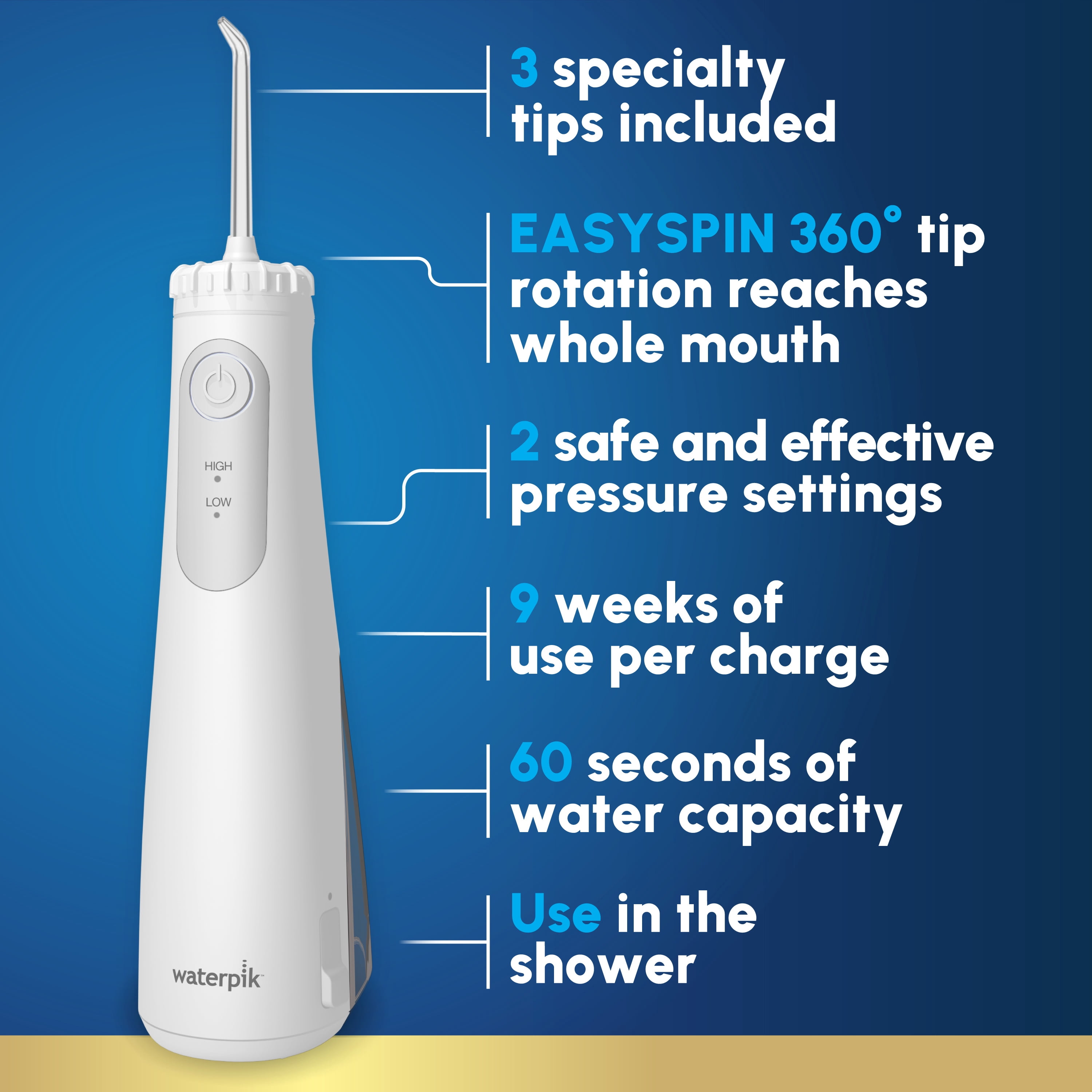 Waterpik Cordless Gem 5100 Rechargeable Portable Water Flosser with 2 Settings and Easy Spin Tip Rotation, ADA Accepted, White