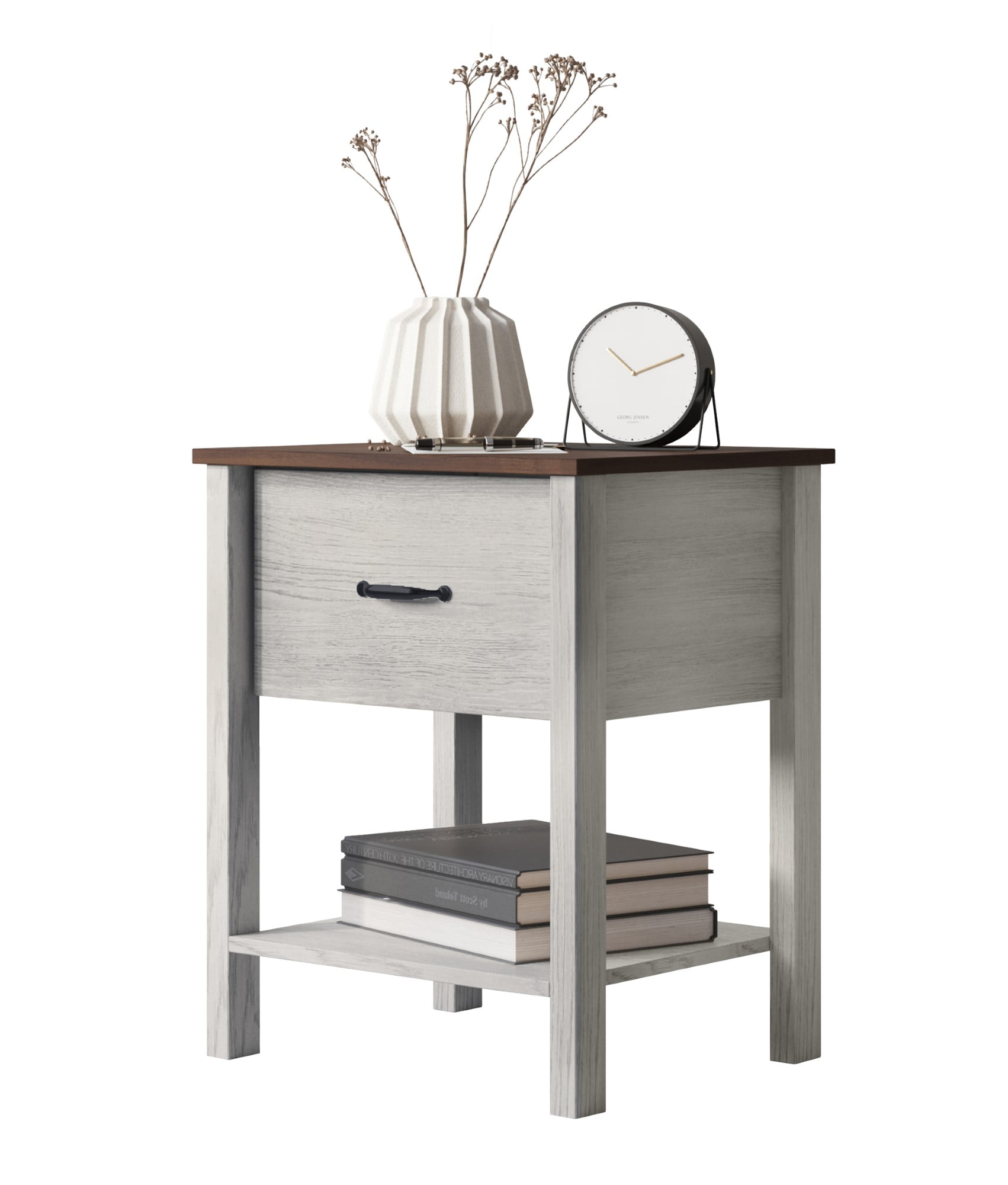Home Design Sana Nightstand with Pull-Out Drawer and Open Shelf, White Oak/Brown, Easy Assembly (Set of 2)