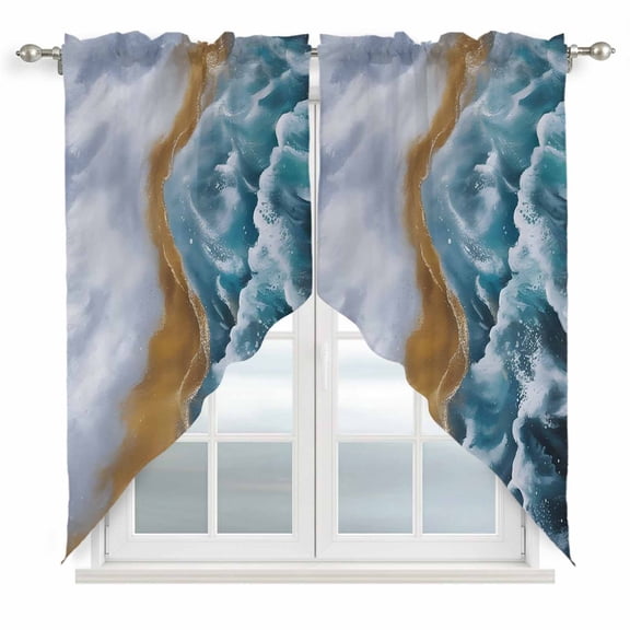 Blue Beach Swag Curtains for Kitchen/Bedroom/Living Room, Summer Ocean Coastal Waves Gradient Abstract Scalloped Curtains 63 Inch Long, Window Swag Topper Curtains Valances 2 Panels Set 36"x63"