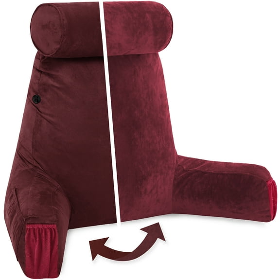 Husband Pillow Medium Aspen Edition Arizona Maroon, Sit Up Reading & Bed Rest with Arms, Ultra-Comfy, Detach Neck Roll - Premium Shredded Memory Foam Backrest, Reverses to Micro: Suede or Plush