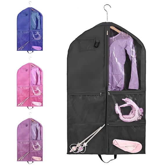 GASTROPOD Clear Garment Bag for Hanging Clothes, Waterproof Polyester Dance Costume Bag with 3 Zipper Pockets, Foldable Garment Cover for Kids Dancers Travel Storage and Competition, 39 x 24 Inch