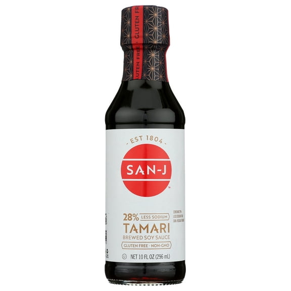 San-J Tamari Gluten Free Soy Sauce Reduced Sodium, 10.0 Fl oz., in a glass bottle