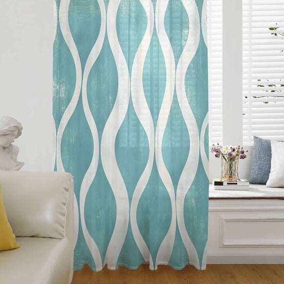 Teal Wave Semi Sheer Curtains Drapes for Living Room, Bedroom, French Doors Window 54 Inches Long, Modern Abstract Art Farmhouse Rod Pocket Chiffon Curtain Drapery Voile Draperies Panel