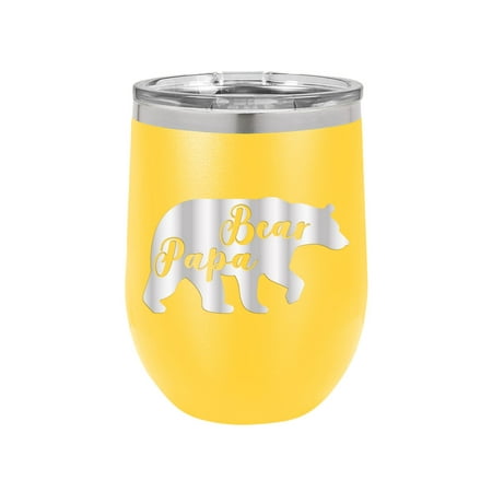 

Papa Bear - Engraved 12 oz Yellow Wine Cup Unique Funny Birthday Gift Graduation Gifts for Men or Women Fathers Day Dad Daddy Papa Pops best buckin