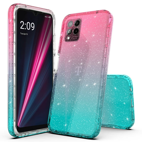 T-Mobile Revvl 6 5G Case, Rosebono Hybrid Glitter Sparkle Transparent Colorful Gradient TPU Skin Cover Protection Case For T-Mobile Revvl 6 5G (Pink/Teal)