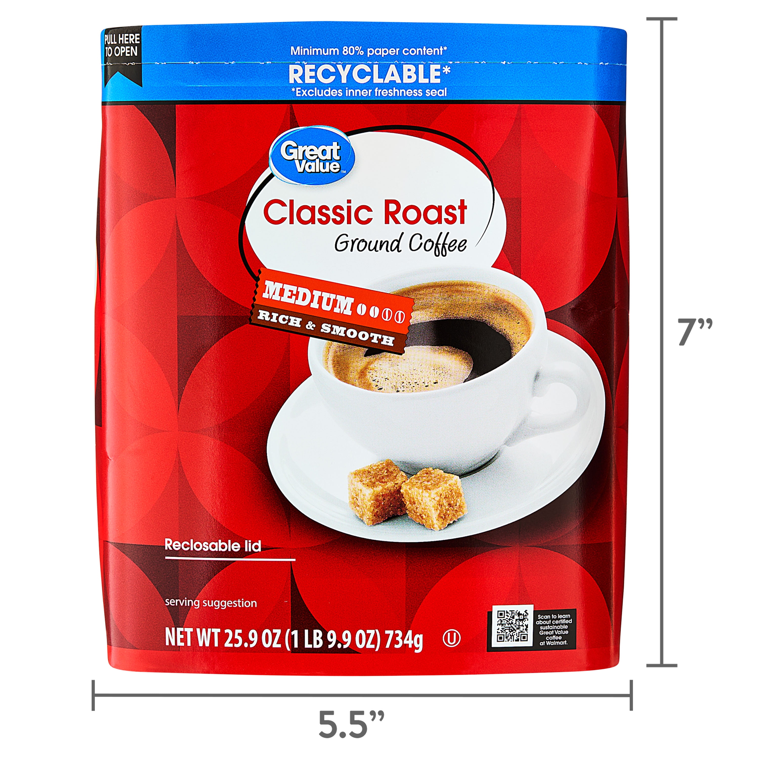 (6 pack) Great Value Classic Medium Roast Ground Coffee, Naturally Caffeinated, 25.9 oz