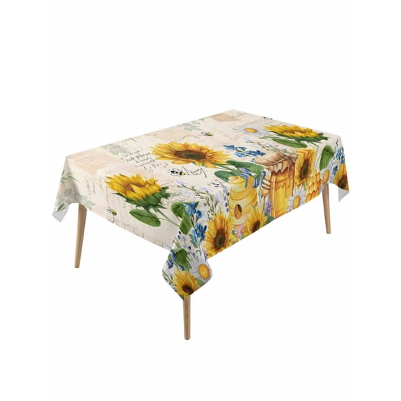 Sunflowers Table Cloth, Waterproof Tablecloth for Rectangle Tables, Yellow Floral Bees Green Leaves Watercolor Reusable Washable Fabric Table Cover for Restaurant Kitchen Dining Tables 60"x120"