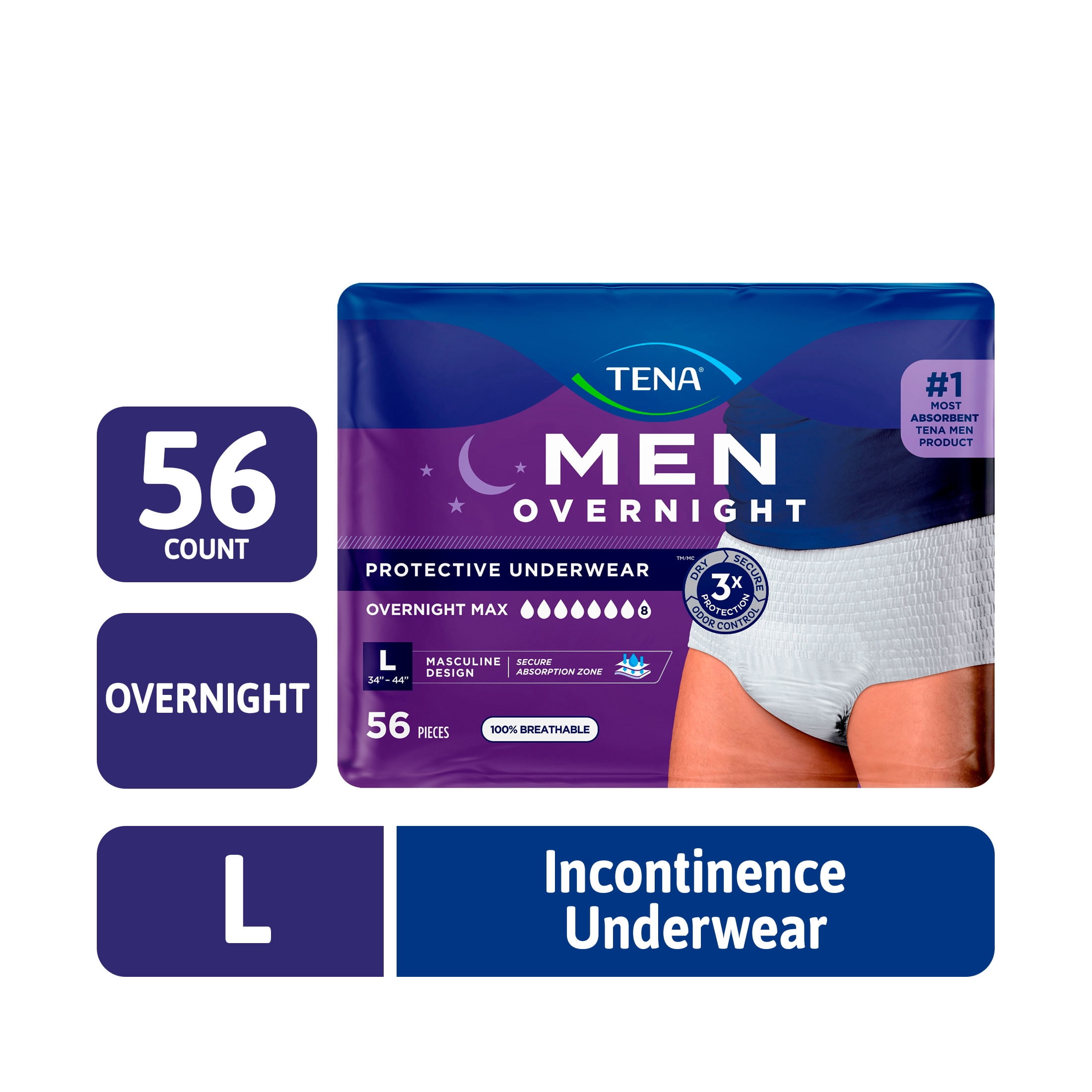 TENA, Men Overnight Max, XL 56ct, Waist 45in-58in, Fully