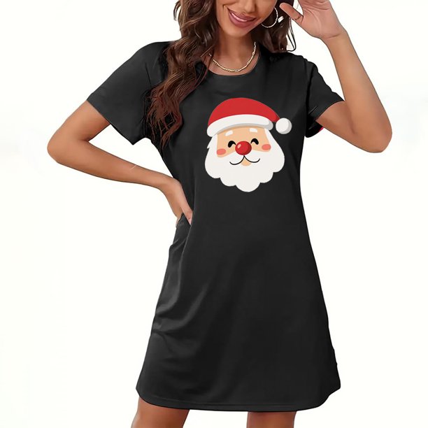 Camisón corto navideño para mujer, talla grande, cuello redondo, manga corta, estampado en el pecho, vestido de noche para mujer