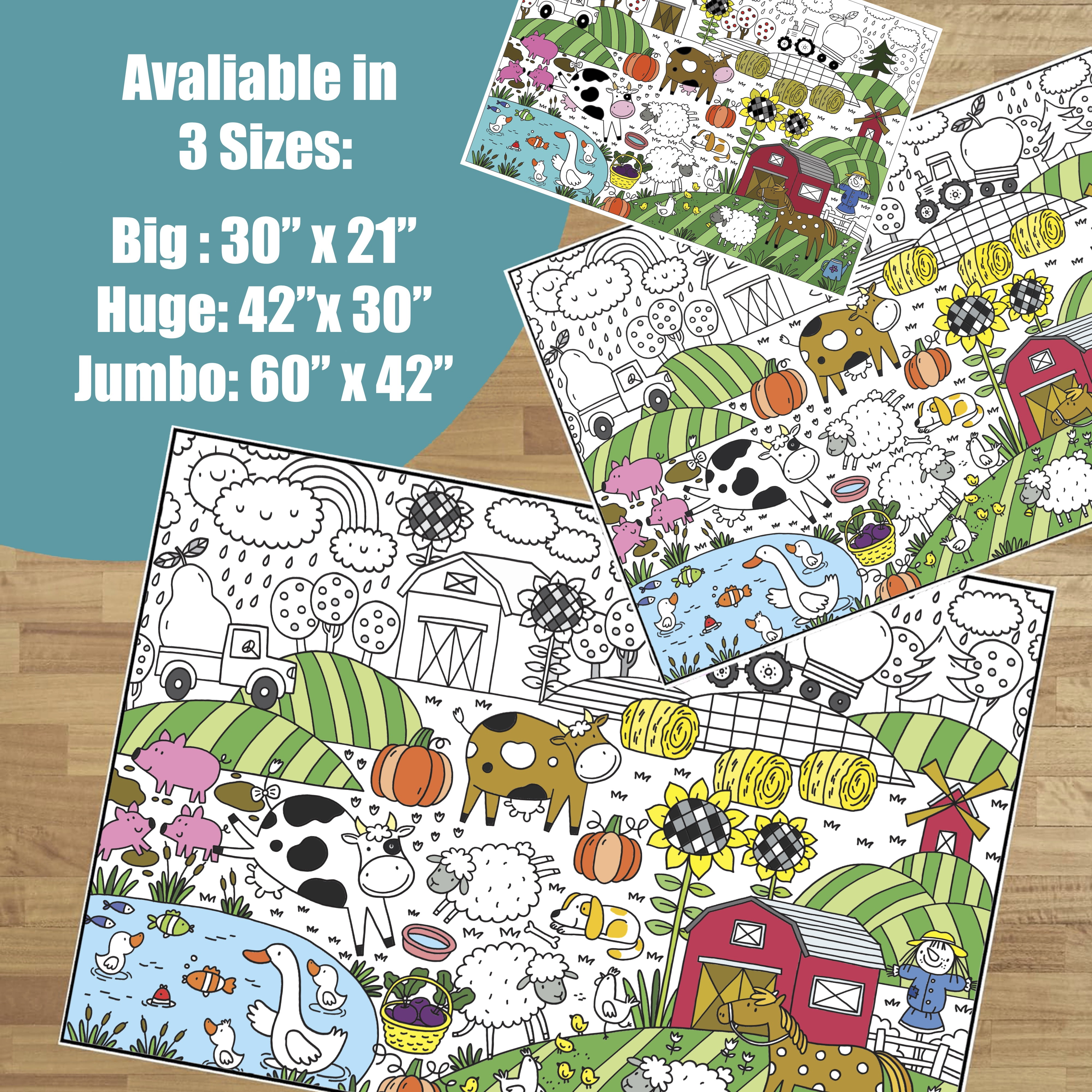 Giant Coloring Poster - Premium Jumbo Coloring Sheets for Kids & Adults with Thick Bleed-Resistant Pages, Use on Floor, Wall, or as Table Cloth, Use With Alcohol Based Markers (30” x 42”, Farm)