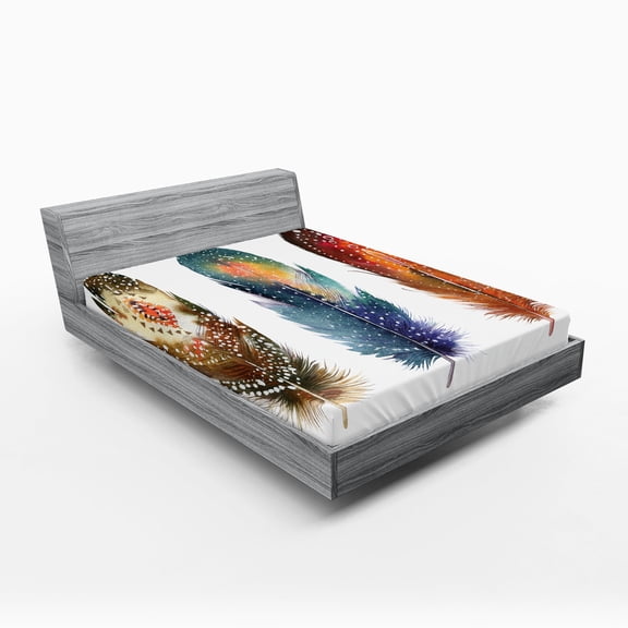 Ambesonne Ceremonial Fitted Sheet, Feather Tribal, California King, Orange Blue