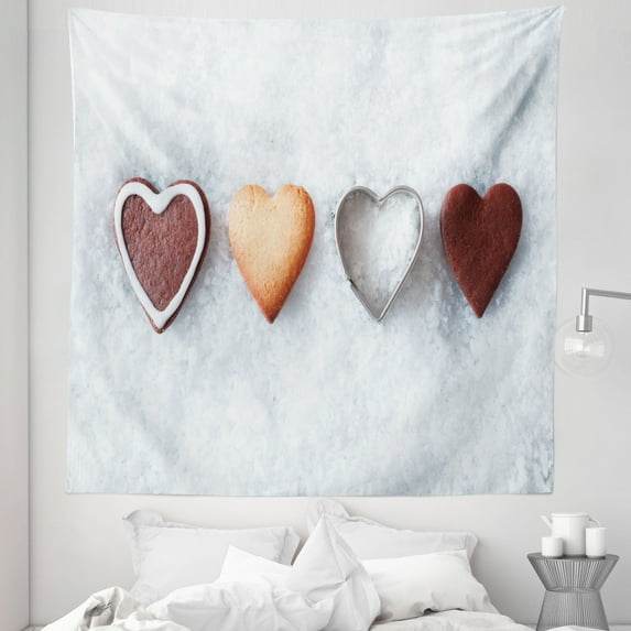 Cookie Tapestry, Varieties of Heart Forms Set in Order Hard Cutter Outlined Season Greetings, Fabric Wall Hanging Decor for Bedroom Living Room Dorm, 5 Sizes, Multicolor, by Ambesonne