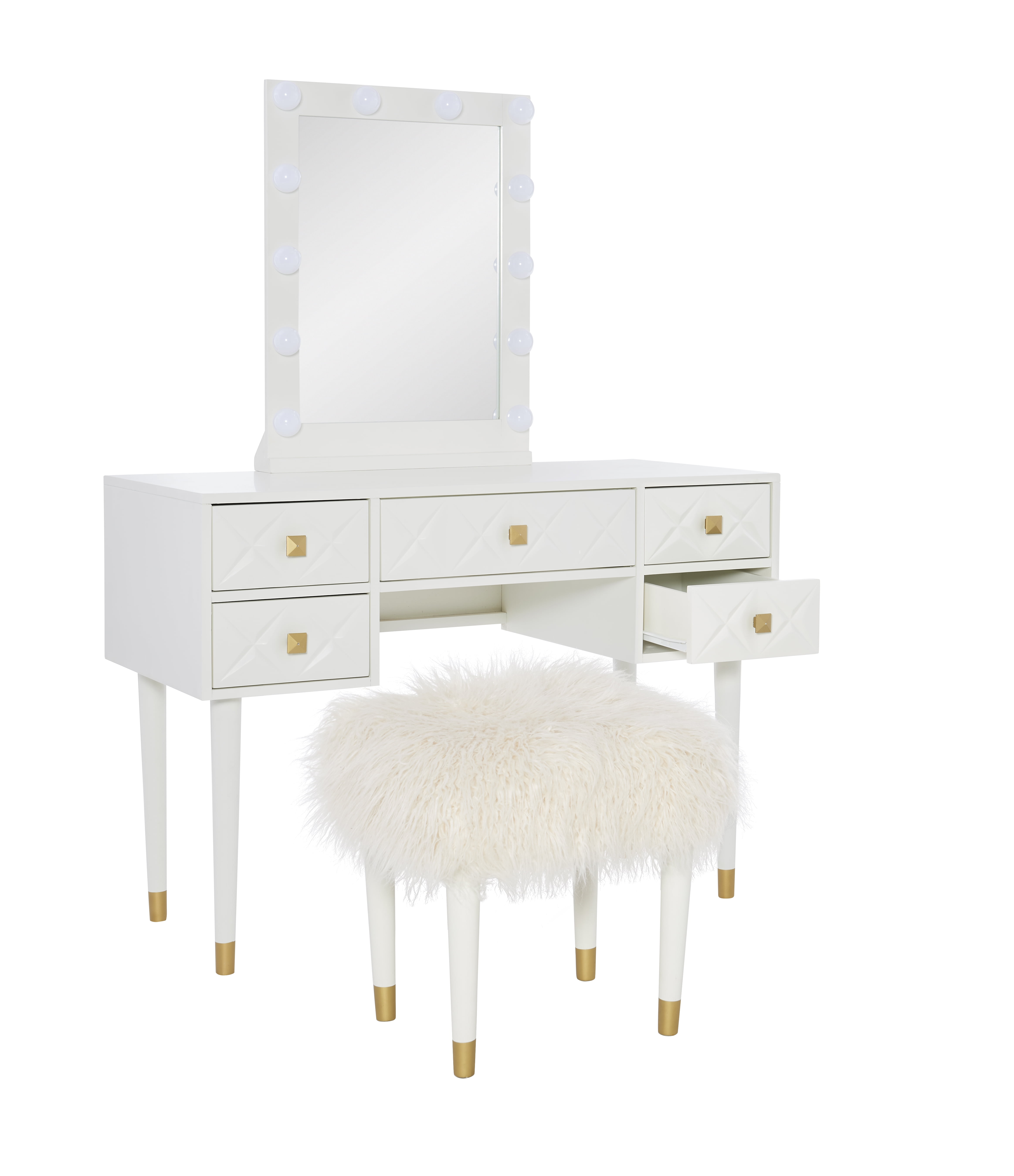 Linon Ginzel Vanity Set with Stool, White/White