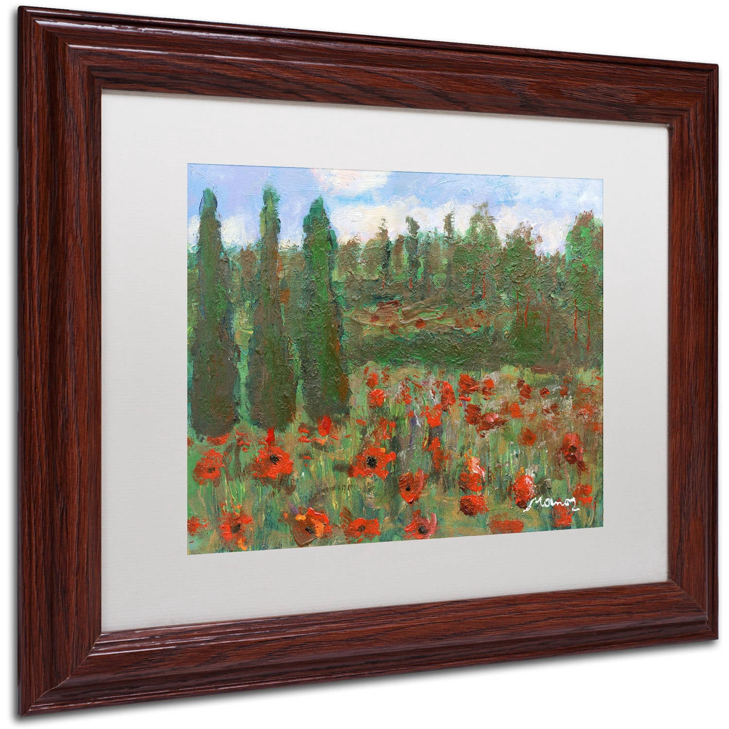 Trademark Fine Art "Red Poppies in the Wood" Canvas Art by Manor Shadian White Matte, Wood Frame