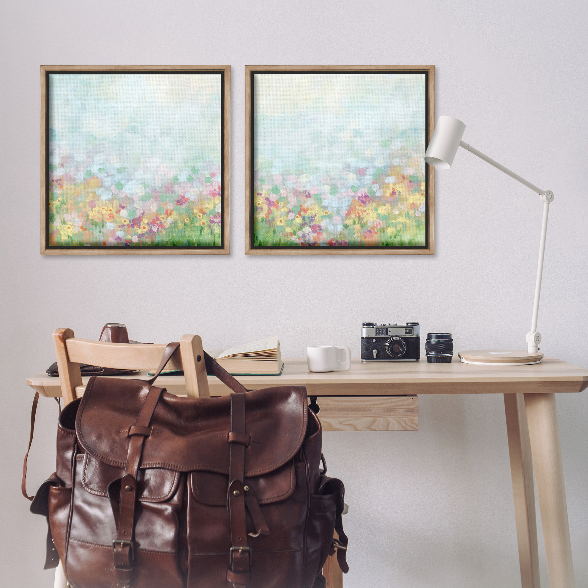 Stupell Industries Pastel Spring Flower Field Abstract Painting Brown Floater Framed Canvas Art Print Wall Art, 25 x 25, Set of 2