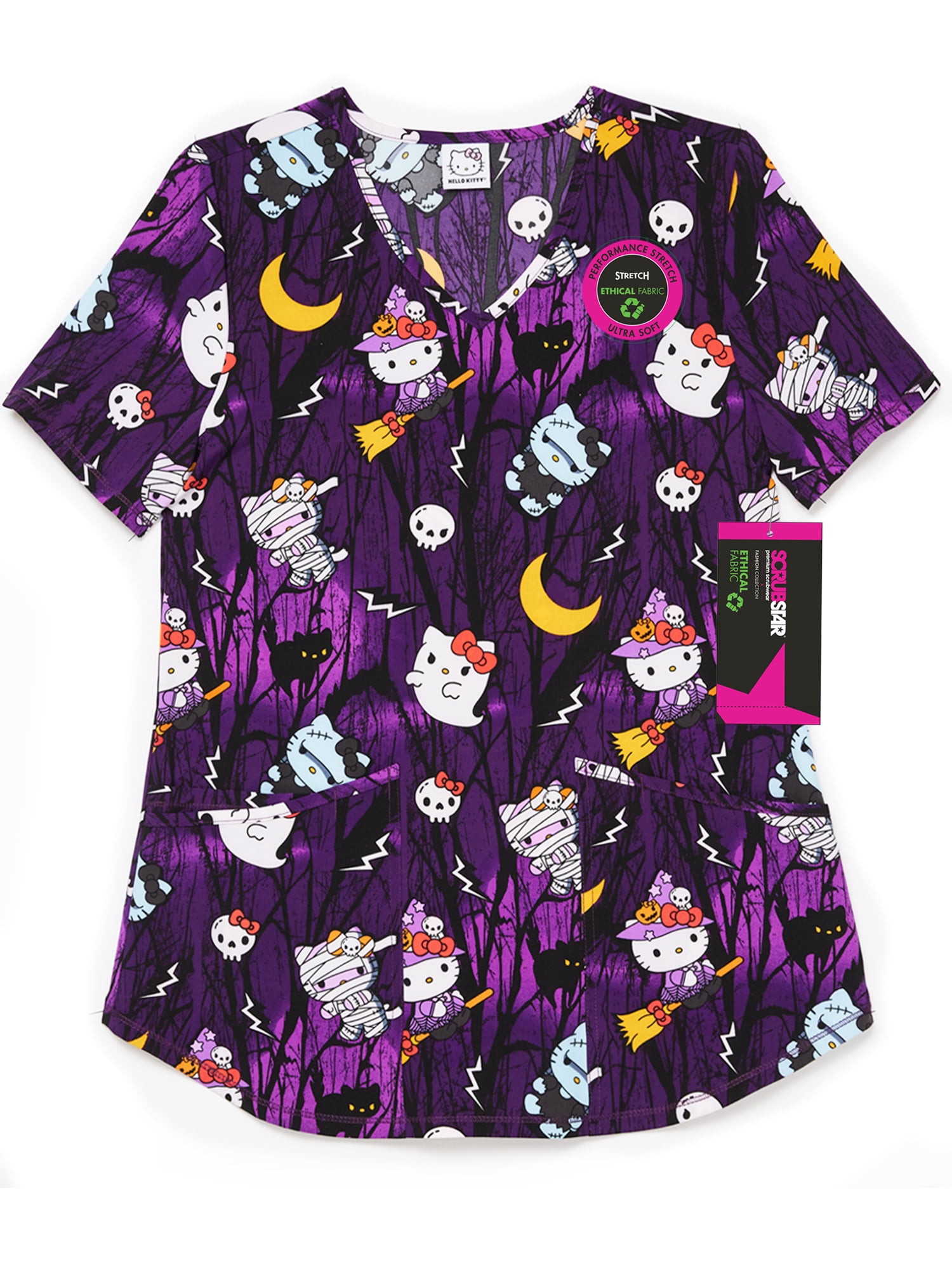Scrubstar Women's Sanrio Hello Kitty Night Forest V-Neck Print Scrub Top
