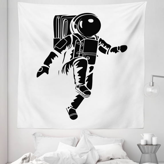 Modern Tapestry, Astronaut Walking on Space Planet Exploring Flying Steps Illustration, Fabric Wall Hanging Decor for Bedroom Living Room Dorm, 5 Sizes, White and Charcoal Grey, by Ambesonne