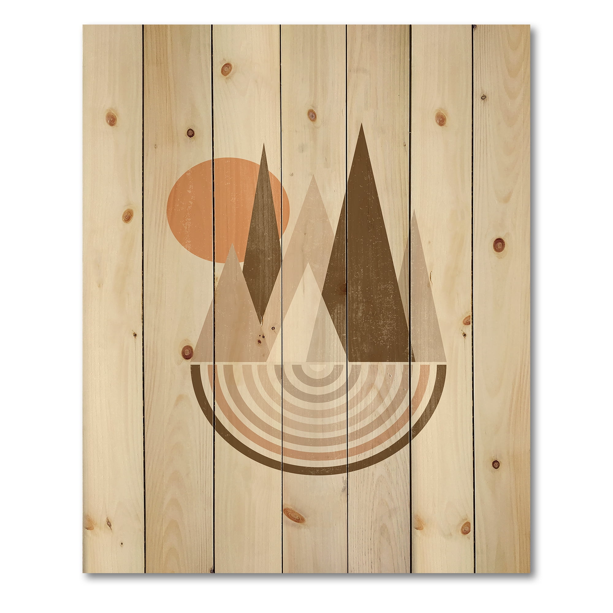 Designart 'Minimalistic Red Full moon Landscape With Mountain' Modern Print on Natural Pine Wood