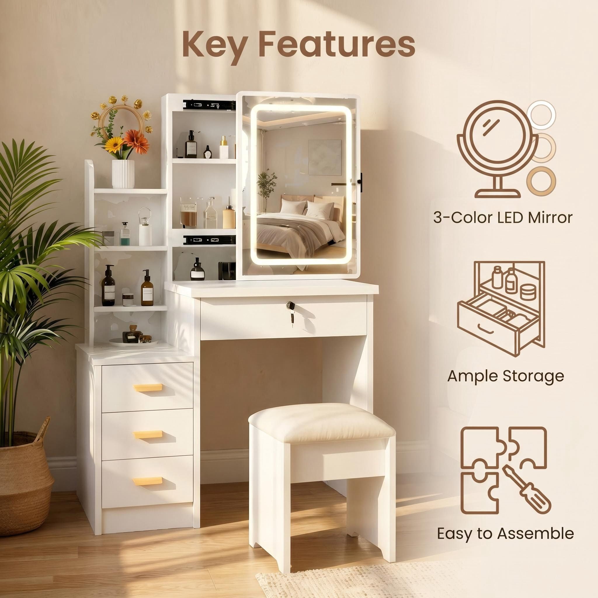 Vanity Desk with Sliding Mirror and Lights, Makeup Vanity Set with 4 Drawers, Stool, Open Shelves, 3 Color Adjustable Lighting Modes, Makeup Dressing Table for Bedroom