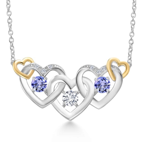 Gem Stone King 925 Silver and 10K Yellow Gold White Lab Grown Diamond and Blue Tanzanite Heart Shape Pendant Necklace for Women (0.93 Cttw, with 18 inch Chain)