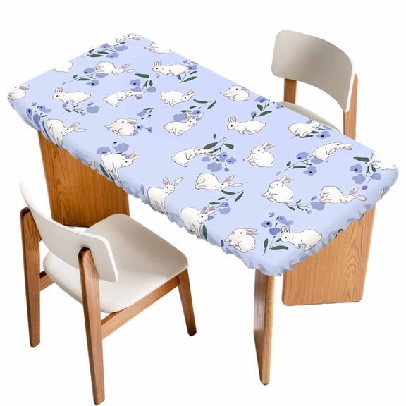 Easter Bunny Table Cloths for 5 Foot Rectangle Tables, Spring Purple Flower Rustic Rabbit Blue Patio Waterproof Elastic Fitted Tablecloths, Washable Rectangular Table Cover for Camping