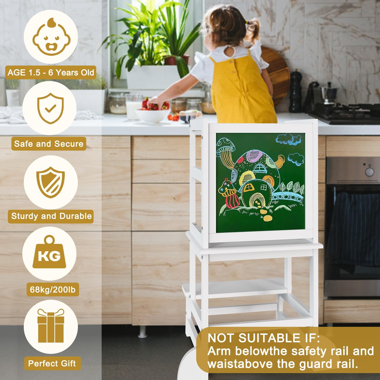 G TALECO GEAR Toddler Kitchen Stool Helper, Step Stool for Kids with Chalkboard Safety Rail for Toddlers 18 Months and Older (White)