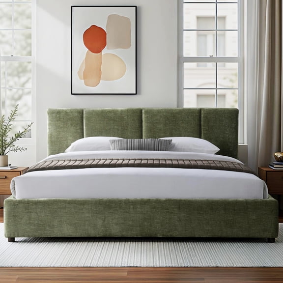 Omax Decor Venice Upholstered Platform King Bed in Moss Green Fabric