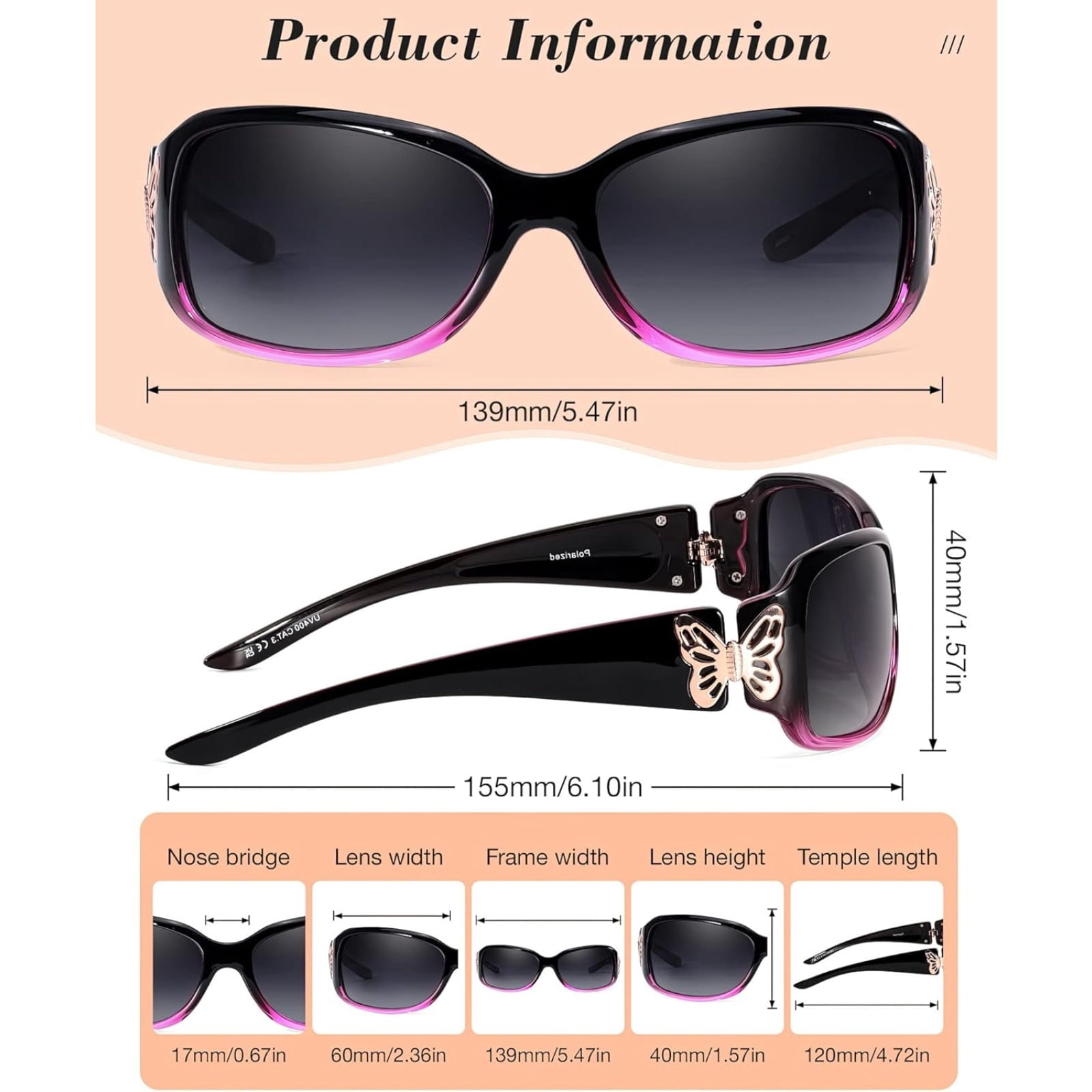 Polarized Sunglasses for Women with Wrap Around Butterfly Design, Trendy Jackie-O Style for UV400 Protection