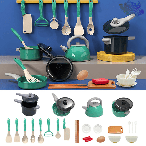 28pcs Pretend Kitchen Cookware Playset with Kettle, Pots, Pans, Cooking Utensils and Simulation Fruits Vegetables, Cooking Pretend Play House Toys, Little Chef Role Play Toy for Kids Ages 3 and Up