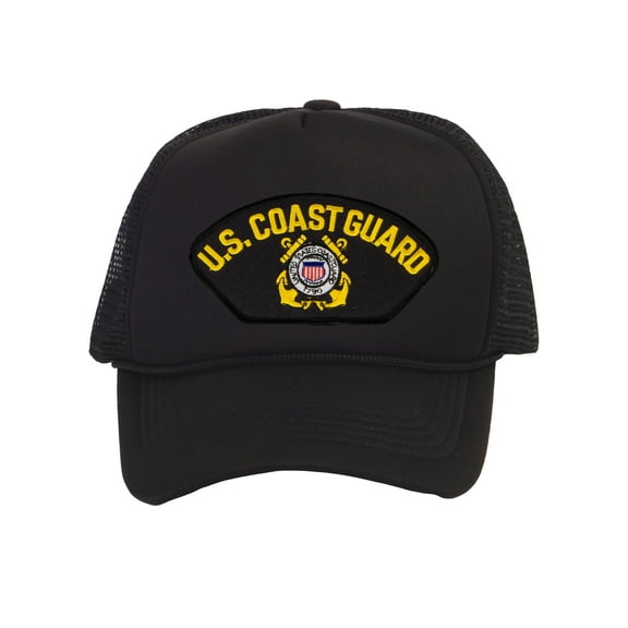 Mens Coast Guard Trucker Hat - Adjustable Snapback Cap, Logo Black