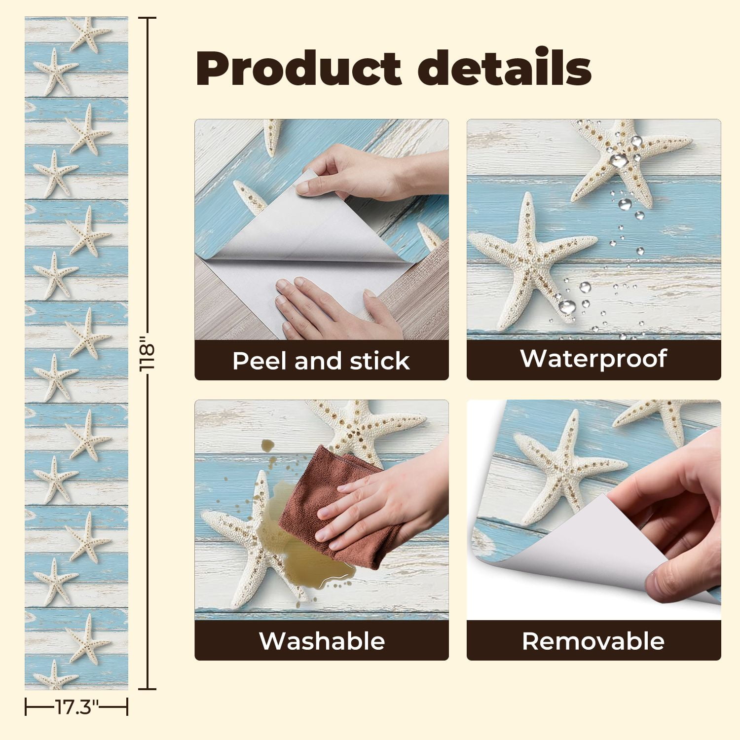 Coastal Peel and Stick Wallpaper Starfish Wooden Blue White Beach Style Contact Paper 17.7in x 9.8ft Wallpaper Removable Self Adhesive Wall Paper for Bedroom