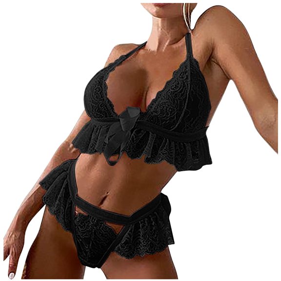 Levmjia Women Lace Lingerie Set Halter Adjustable Straps V Neck Sheer Two Piece Panty Outfit Wire Free Soft Breathable Daily Honeymoon Romantic Private Bedroom Night