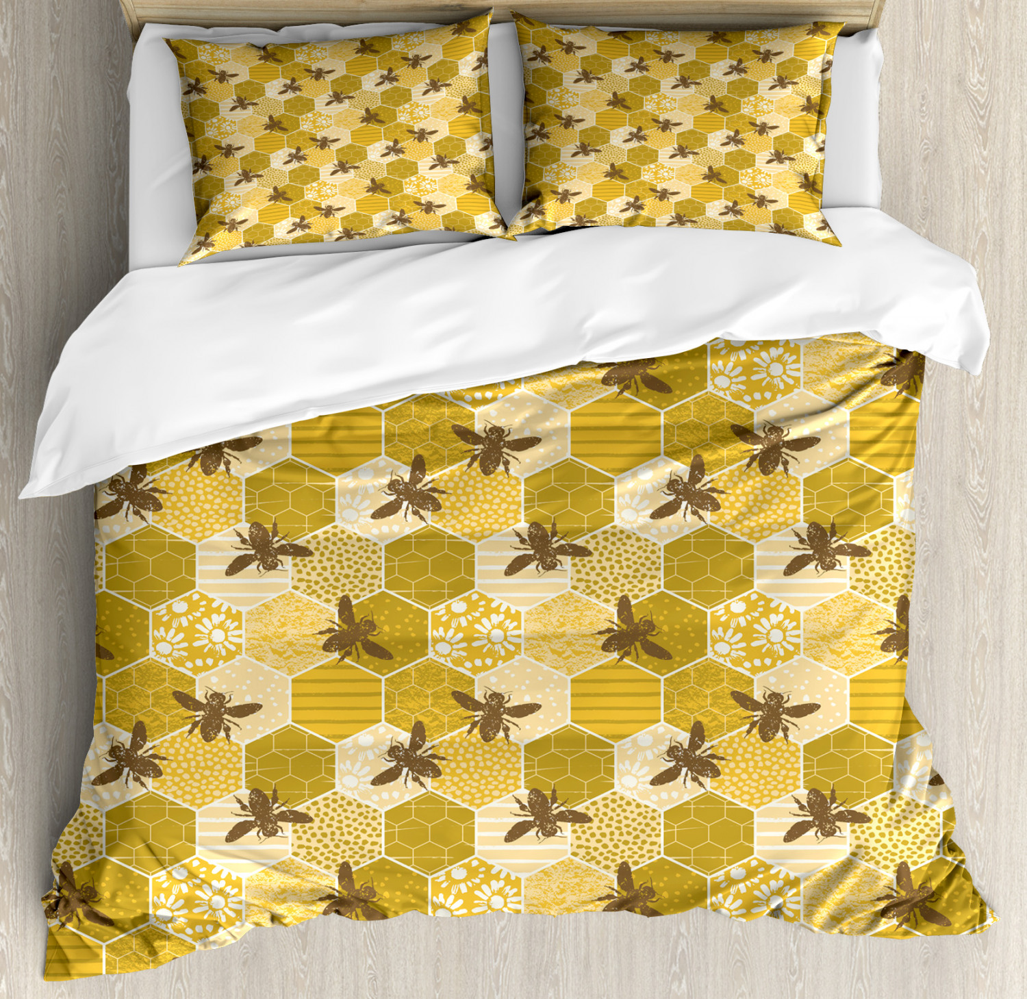 Bee Queen Size Duvet Cover Set, Grungy Silhouettes of Multiple Bee