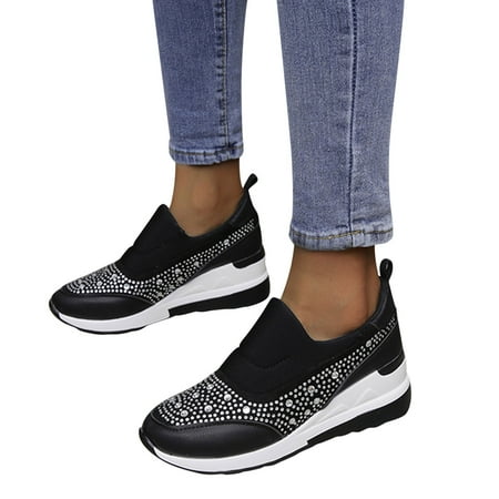 Oyedens Rhinestones Platform Wedge Walking Shoes for Women Fashion Slip on Loafers Casual Sneakers