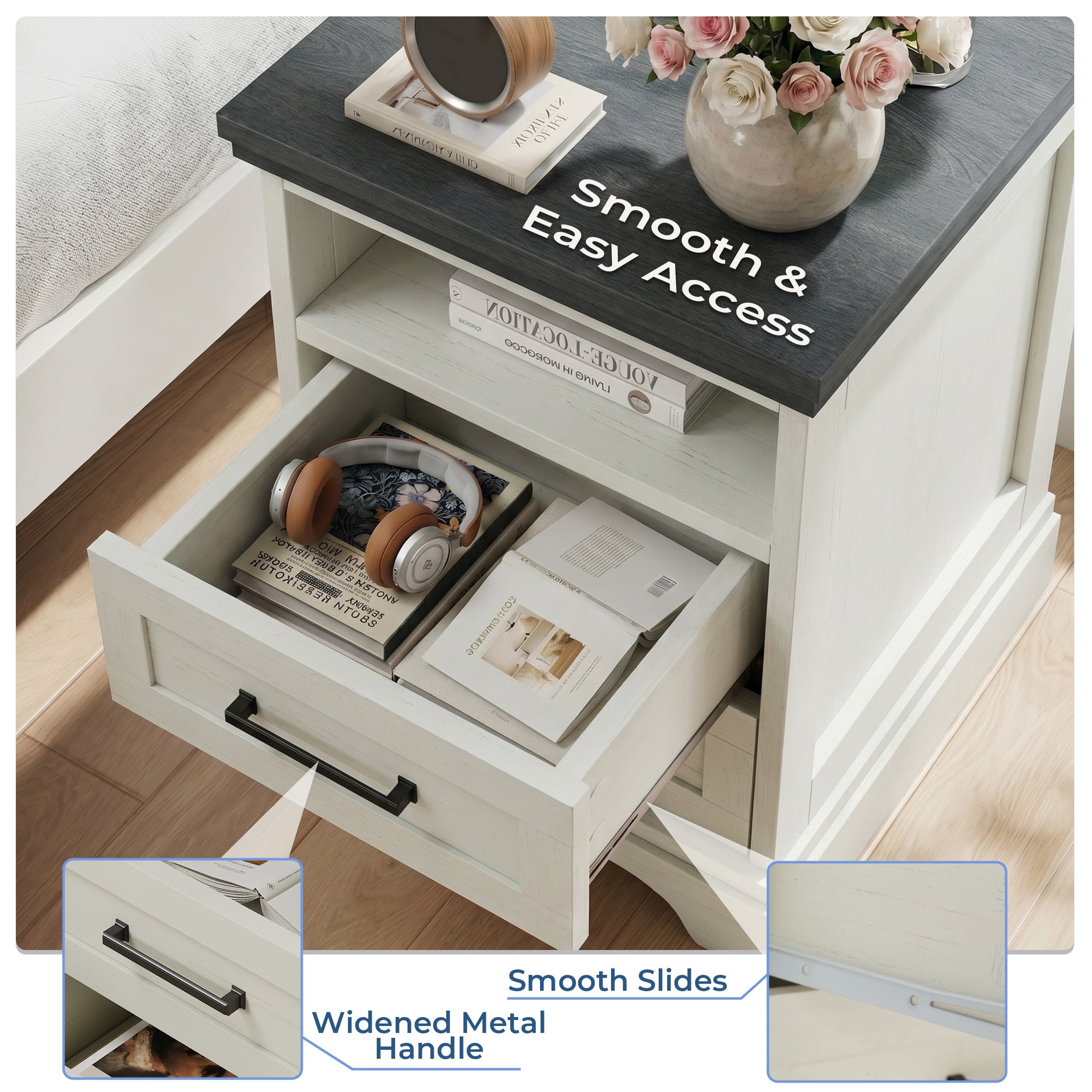 EDX 2 Drawers 24" Wood Nightstand with Drawers and Charging Station, Bedside Table for Bedroom or Living Room, White