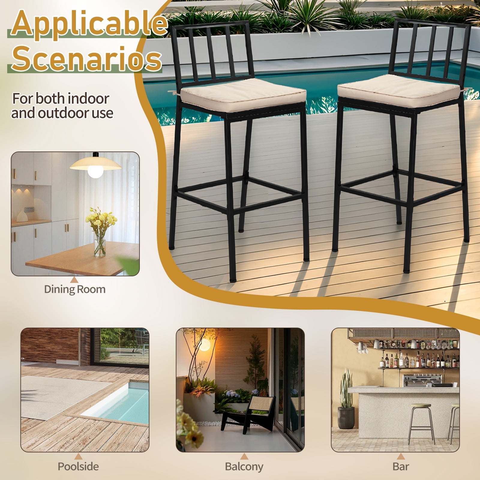Ktaxon 2Pcs Outdoor Bar Stools, Weather Resistant Outdoor Bar Seating with Detachable Cushion, Heavy-Duty Metal Frame Bar Set of 2 for Garden Porch Pool