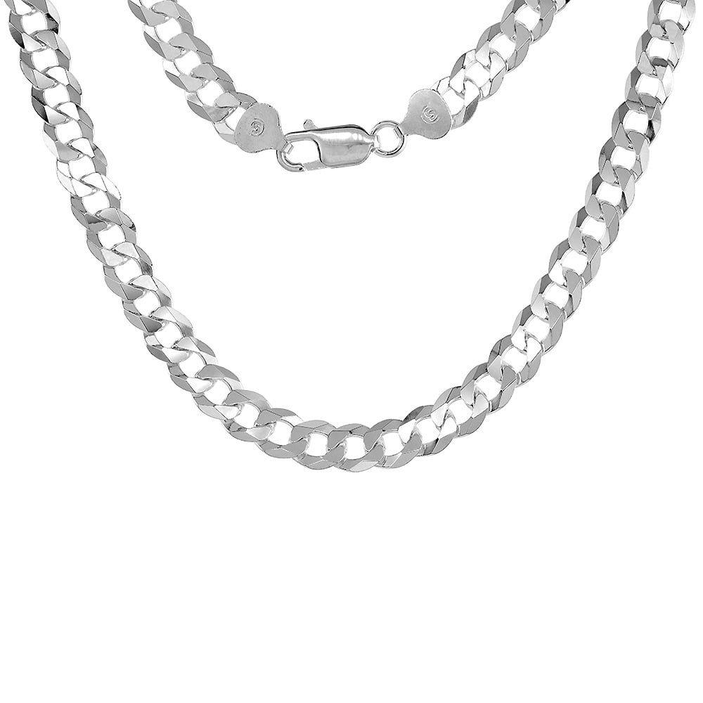 9mm Sterling Silver Flat Curb Chain Necklace for Men Beveled Edges