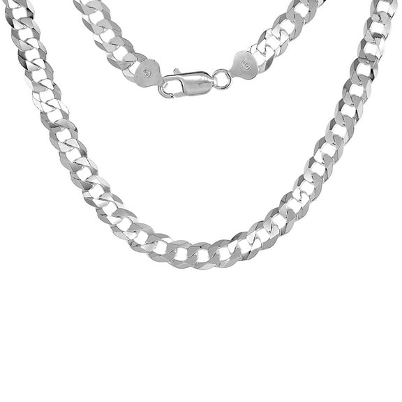 9mm Sterling Silver Flat Curb Chain Necklace for Men Beveled Edges Nickel Free Italy, 26 inch