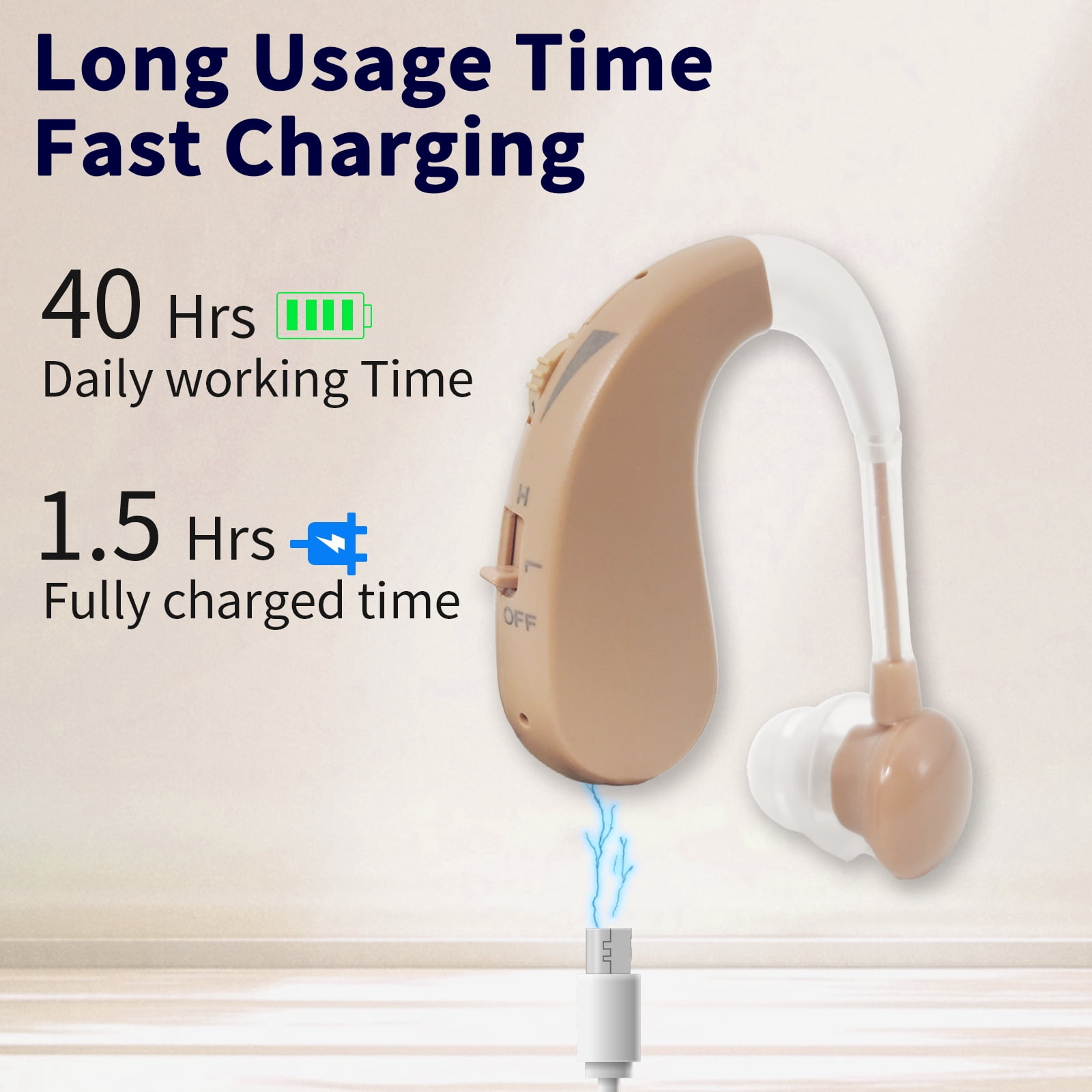 Delmicure Hearing Aids for Seniors, Rechargeable Digital Sound Device: Noise Cancellation Chip, Multi-Level Volume Control, VHP-1204 Binaural - Beige